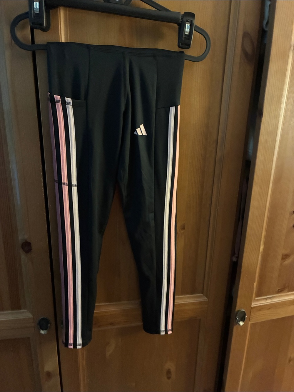 adidas Black Kids Leggings with Pink & White Side Stripes